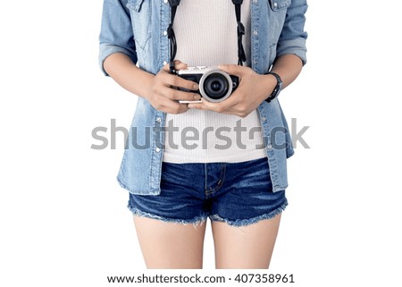 photographer girl taking picture on vintage camera, isolated and clipping path inside
