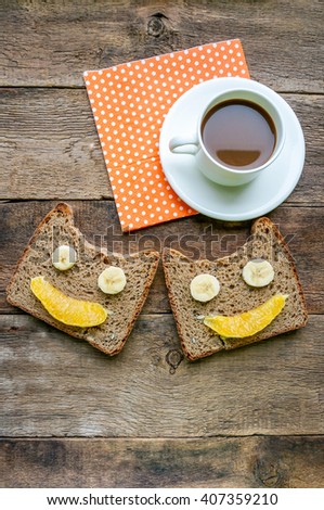 Funny morning toast and coffee background