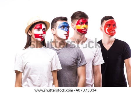Face portrait of football fans support their national team: Spain, Czech Republic, Turkey, Croatia on white background. European football fans concept.