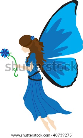 clip art illustration of a blue fairy with brown hair holding a flower.