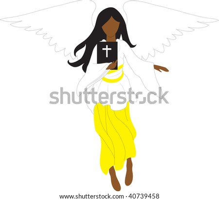clip art illustration of an angel flying and holding a bible.