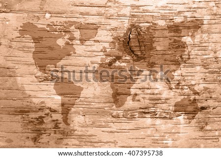 Sepia world map on birch cork natural texture background 
