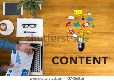 CONTENT CONCEPT Businessman working at office desk and using computer and objects, coffee, top view, with copy space