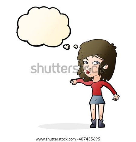 cartoon woman playing it cool with thought bubble