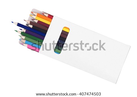 Multicolored pensils in box isolated on white background  Royalty-Free Stock Photo #407474503