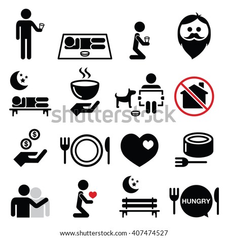 Homeless, poverty, man begging for money icons set  Royalty-Free Stock Photo #407474527