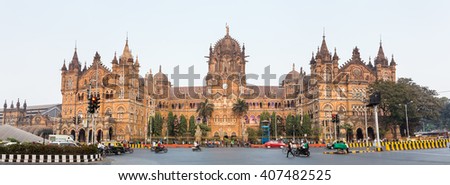 Chatrapati Shivaji Terminus earlier known as Victoria Terminus in Mumbai, India. Panorama  Royalty-Free Stock Photo #407482525