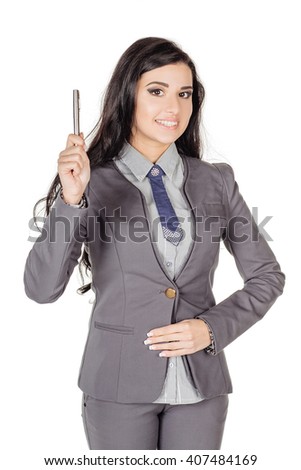 portrait of young business woman in gray suit with an expression that shows she is having idea with a pen. isolated on white background. business and lifestyle concept