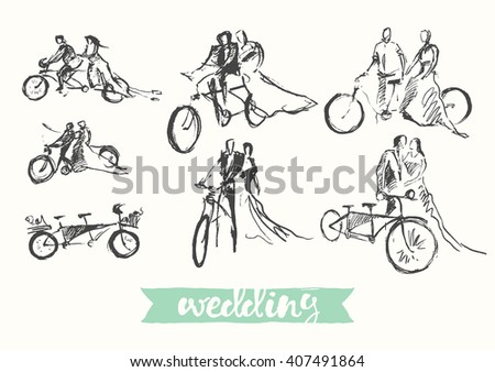 Hand drawn happy bride and groom riding bicycle, vector illustration, sketch