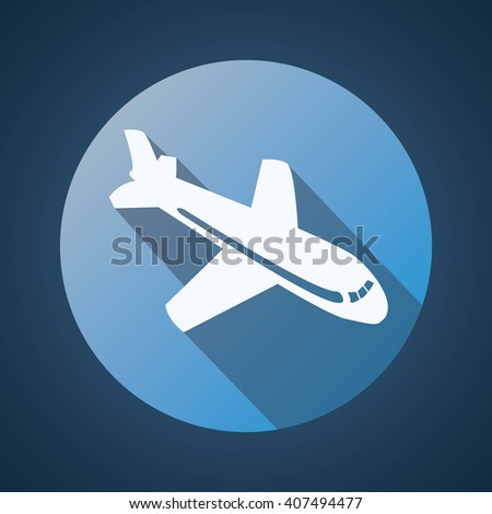 Plane flat round icon, emblem on blue background
