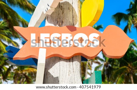 Lesbos signpost with palm trees