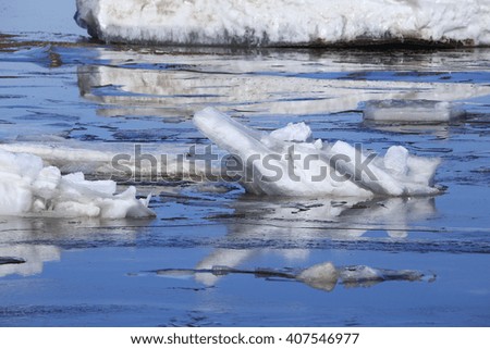 landscape close-up large ice floes on the river against the blue sky on a sunny day in early spring 