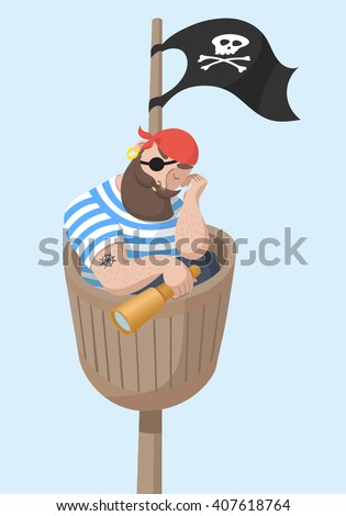 Cartoon Sleeping Hipster Pirate Sitting in Wooden Crows Nest. Cute Vector Character Illustration Royalty-Free Stock Photo #407618764