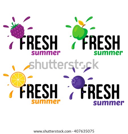 Various fruits badges. Fresh summer product sale template. Vector fruit and text.