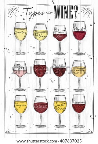 Poster main types of wine sparkling, sauvignon blanc, pinot noir, merlot, rose, zinfandel, bordeaux, chardonnay, viognier, cabernet, burgundy drawing on wood background. Royalty-Free Stock Photo #407637025