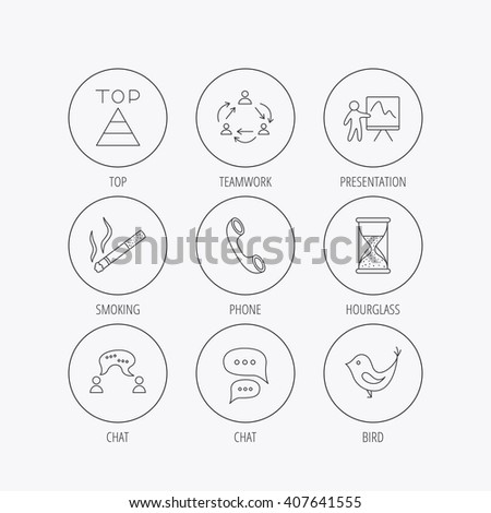 Teamwork, presentation and phone call icons. Chat speech bubble, hourglass and bird linear signs. Smoking, pyramid icons. Linear colored in circle edge icons.