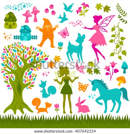 colorful silhouettes related to forest and fairytales