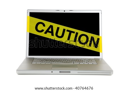 Yellow caution tape over a laptop computer screen on a white background