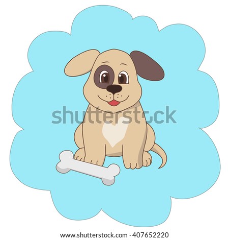 Cartoon illustration of a puppy with a bone on a blue background.