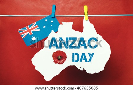 Anzac Day, April 25, public holiday with pegs on a line message greeting on white Australian maps with Aussie flag red heart  Australian flag. Lest We Forget. retro filters light effects.