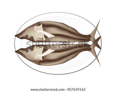 Cuisine and Food, Illustration of Dried Fish Isolated on A White Background.