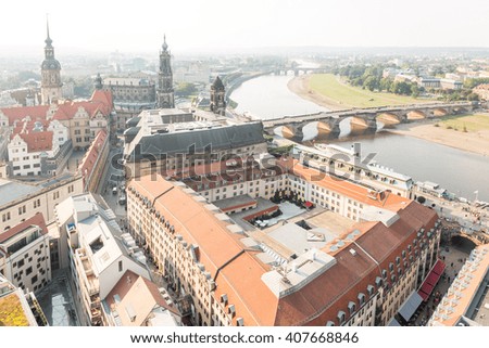 View from the top of Frauenkirche with the cathedral and river Elbe in Dresden, Germany