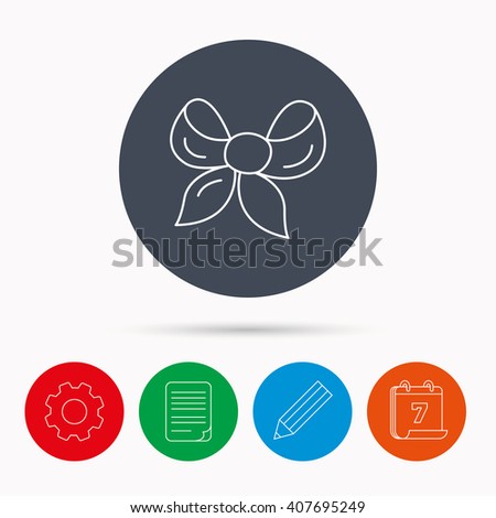 Gift bow icon. Present decoration sign. Ribbon for packaging symbol. Calendar, cogwheel, document file and pencil icons.