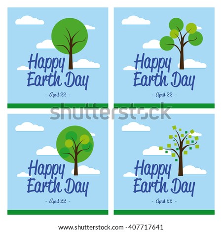 Set of colored backgrounds with clouds, text and abstract trees for earth day