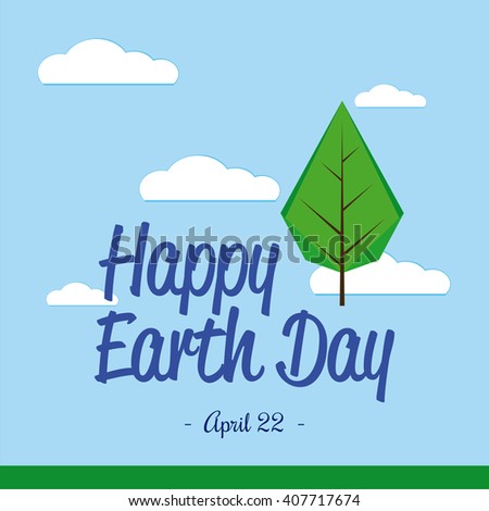 Colored background with clouds, text and an abstract tree for earth day