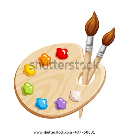 Vector illustration of an art palette with paints and brushes isolated on a white background.