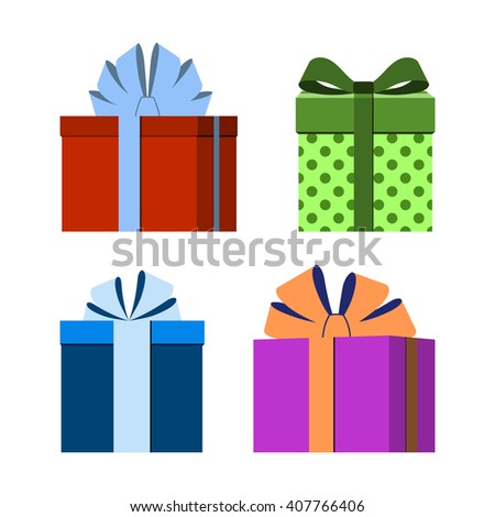 Colorful wrapped gift boxes icon. Presents decoration. Flat design. Christmas surprises, ribbons and bow isolated on white background. Symbol of birthday, anniversary, celebration. Vector illustration