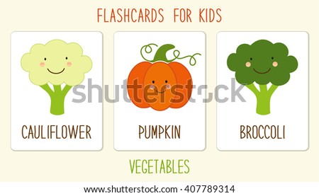 Useful flashcards for kids education as cute hand drawn smiling cartoon characters of vegetables