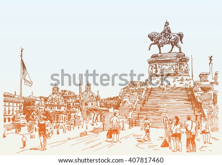 sketch hand drawing of Piazza Venezia in Rome - Altar of the Fatherland Italy, Vittorio Emanuele, Monument for Victor Emenuel II, famous cityscape, vector illustration