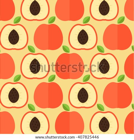 Seamless pattern  of fruit, peach. Vector illustration with half and entire peach. Sliced fruit. 