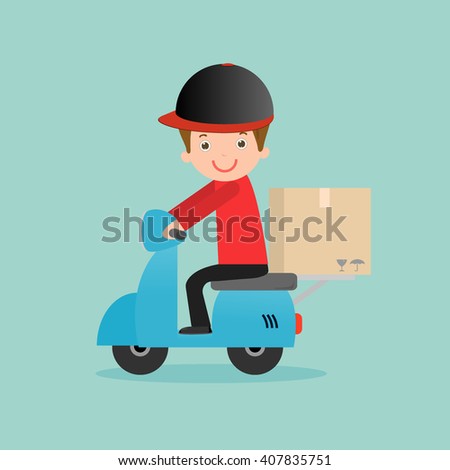 delivery service, delivery man is riding motor bike,Fast and Free Transport, man hipster is riding motorbike,modern design flat character people, graphic vector illustration, delivery business concept