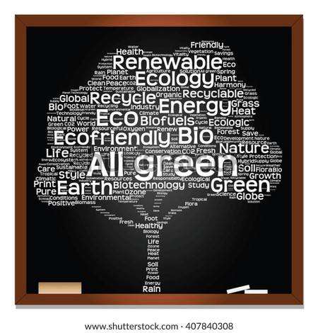 Vector concept or conceptual white text on blackboard word cloud tree isolated on black background, metaphor to nature, ecology, energy, natural, life, world, global, protect, environmental or biofuel