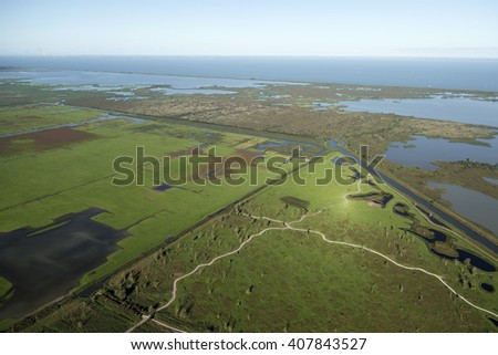 Aerial view of green fields and reed swamp in the nature reserve area Oostvaardersplassen between Almere and Lelystad in The Netherlands. On the horizon lake Markermeer.