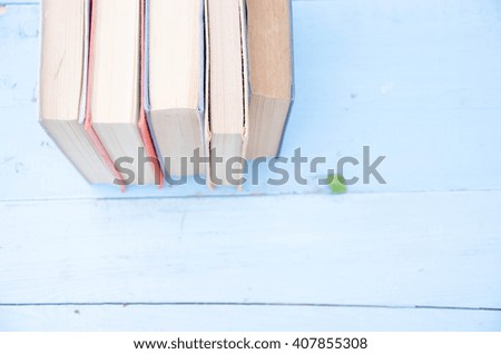 Home interior decor, bouquet of lilacs in a vase and books on rustic wooden table