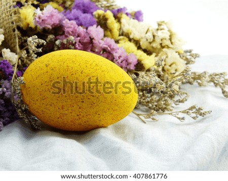 colorful easter eggs with spring flowers background