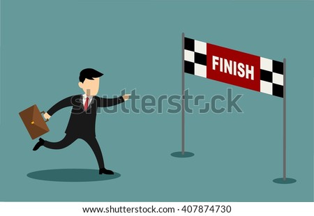 Businessman character and cartoon running into finish line achieving accomplishment Royalty-Free Stock Photo #407874730