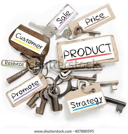 Photo of key bunch and paper tags with PRODUCT conceptual words