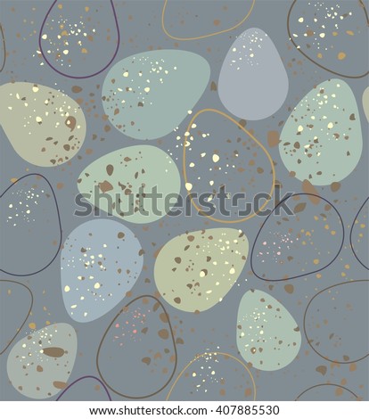 Nature eggs mottled. A seamless pattern of eggs mottled, bluish, gray-green, beige and contour on a dark gray background.