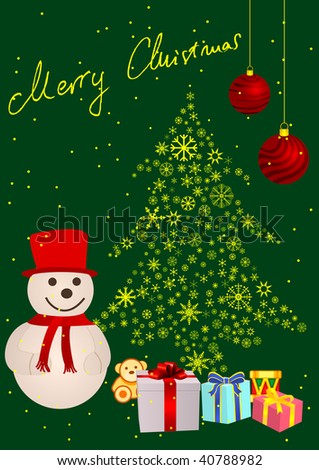 Abstract winter background with snowman and a Christmas tree