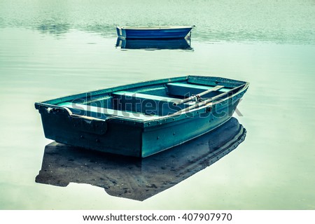 Rowing boat on the lake landscape, tranquil scene, vintage photo