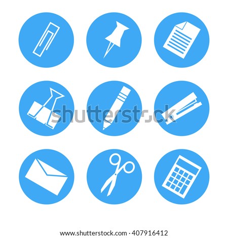 Office Equipment Icons Set. Vector Flat Icons on blue background. 
