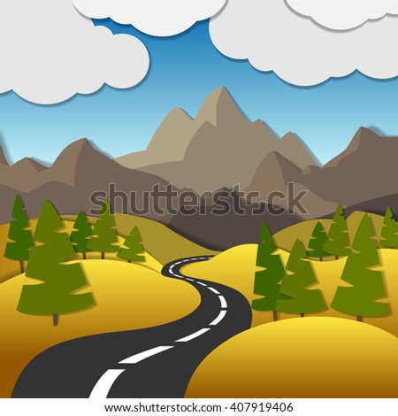 Bright autumn mountain cartoon landscape with a road and pines in a flat style
