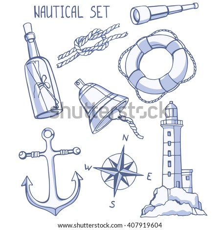 Nautical set: Bell, knot, message in a bottle, lighthouse, compass rose, anchor, telescope, lifebuoy. Hand-drawn design elements.