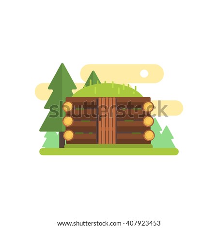 Wooden Cabin Primitive Style Graphic Colorful Flat Vector Image On White Background