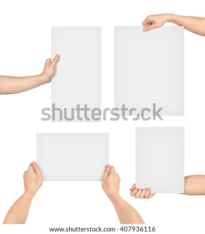 collection of hands holding paper isolated on white background