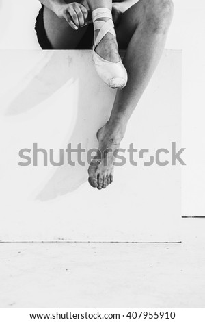 feet in pointe. exhausted training and rehearsals. bruises, blisters, wounds. jammed pointes. a real dancer, who lives only ballet and stage. in black and white